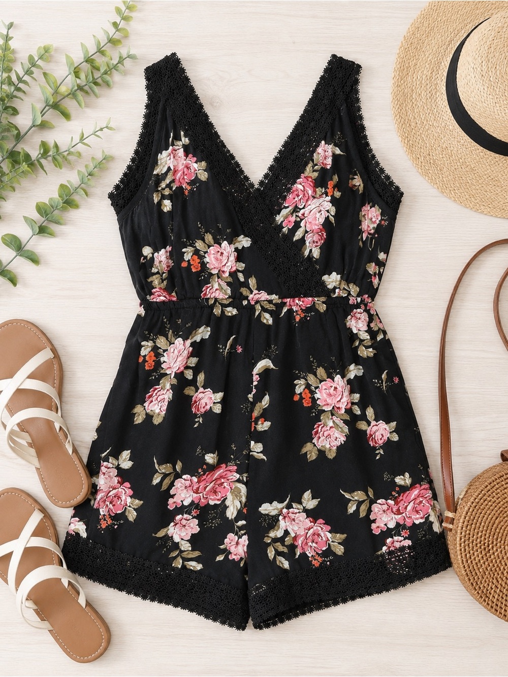 H&M Floral Lace Trim Romper Black Pink Rose Print Sleeveless Boho